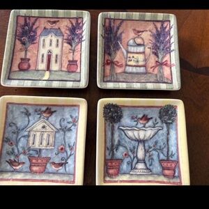 Vintage Susan Winget Set of 4 Decorative Garden-Themed Square Coaster Plates